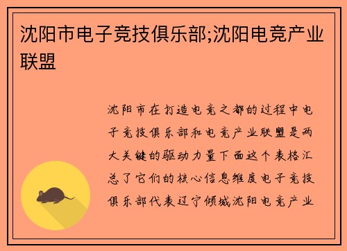 沈阳市电子竞技俱乐部;沈阳电竞产业联盟